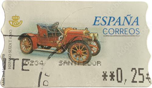 Bari, Italy - November 08, 2023. A stamp printed in Spain shows image of a car Hispano Suiza T (CASC), circa 1996