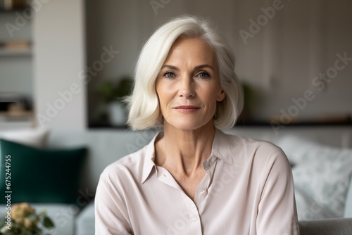 a mature blonde woman captures attention with her serious yet positively expressive face as she looks into the camera, in a stylish modern home apartment