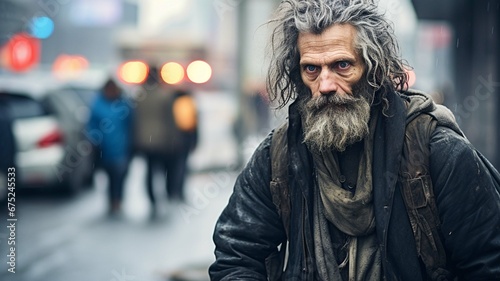 Homeless man on the street of a big city, alcoholism, drug addiction, low social responsibility, poverty photo