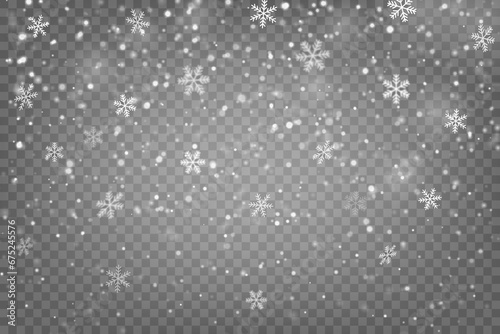 White snowfall with falling snowflakes isolated on transparent background for Christmas and happy new year banner, vector illustration.