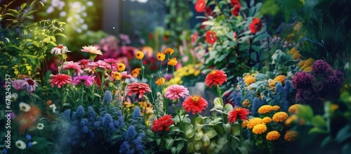 The colorful floral garden with green leaves and vibrant flowers creates a beautiful backdrop against the picturesque landscape evoking the beauty of nature in the summertime
