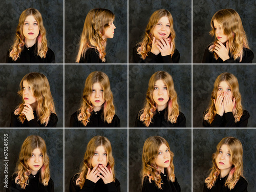 Collage set portraits of child cover girl 11 year old, actor emotions portfolio with various facial expressions. Emotional kid girl model posing at dark. Actress emotion concept. Copy ad text space