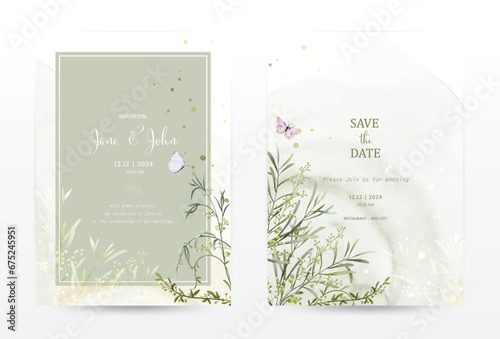 Set of invitation template cards with botanical on watercolor stains