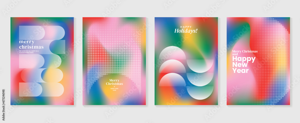 Merry christmas concept posters set. Cute gradient holographic background vector with vibrant color, geometric shape, halftone. Art trendy wallpaper design for social media, card, banner, flyer. - obrazy, fototapety, plakaty 