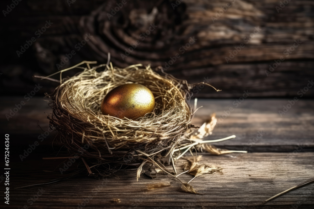 Golden egg opportunity, concept of wealth, a chance to be rich in investment success and retirement planning with egg in bird nest on old wood Golden egg opportunity, concept of wealth, a chance to be rich in investment success and retirement planning with egg in bird nest on old wood