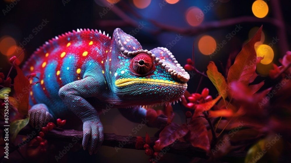 a charismatic chameleon changing colors to match New Year decorations around it, blending seamlessly into the festive atmosphere, symbolizing adaptability and harmony.