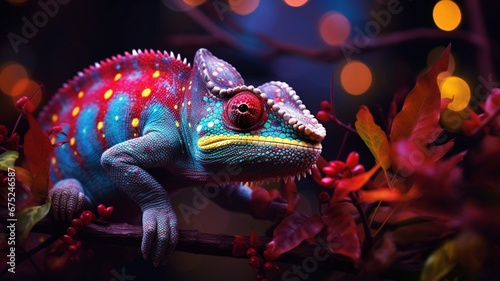 a charismatic chameleon changing colors to match New Year decorations around it, blending seamlessly into the festive atmosphere, symbolizing adaptability and harmony.