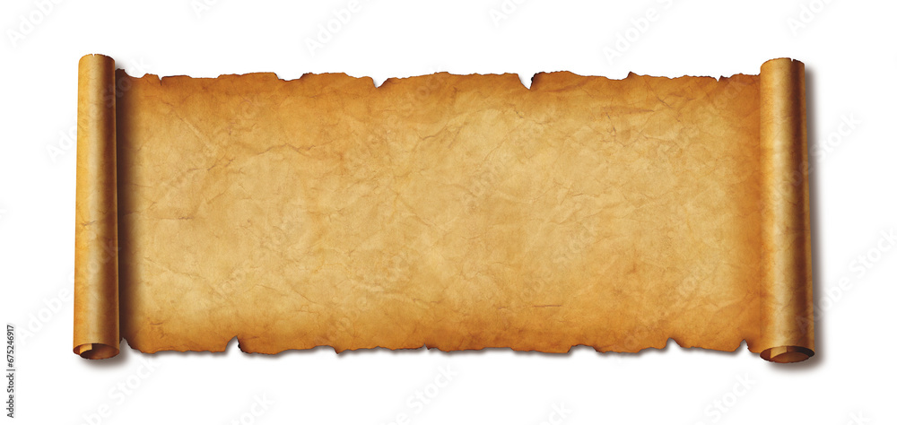 Fototapeta premium Old paper horizontal banner. Parchment scroll isolated on white with shadow