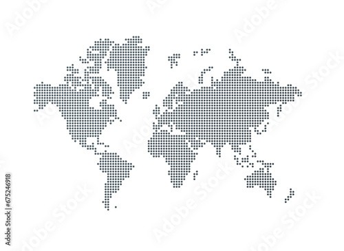 Illustration of a black world map made of dots on a transparent background