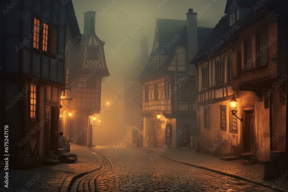 Atmospheric Halloween street in a medieval setting with foggy ambiance. Digital art. Generative AI