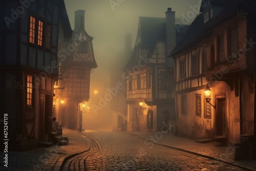 Atmospheric Halloween street in a medieval setting with foggy ambiance. Digital art. Generative AI