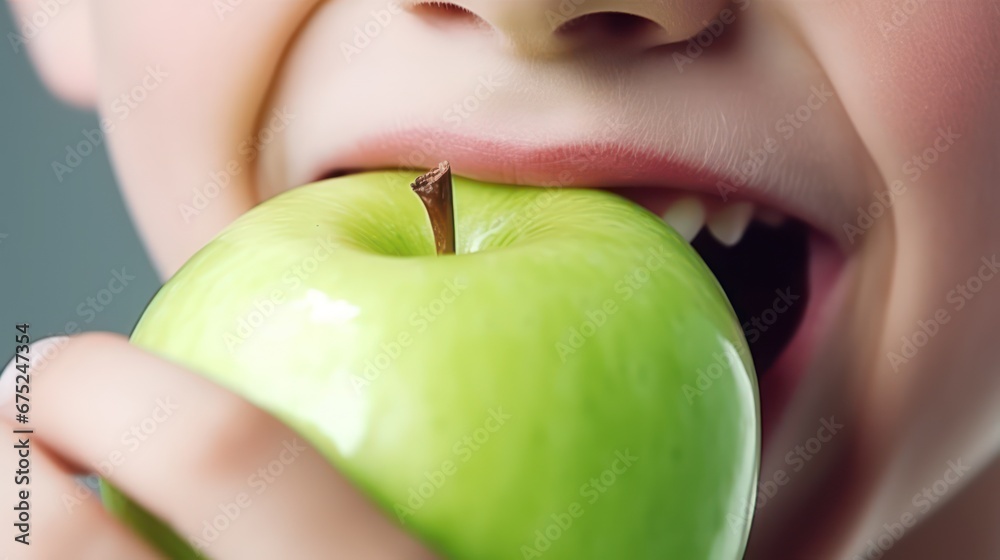 happy Child with ideal teeth eating green apple. Little Handsome Boy with Health food. advertising of dentistry and healthy lifestyle happy Child with ideal teeth eating green apple. Little Handsome Boy with Health food. advertising of dentistry and healthy lifestyle