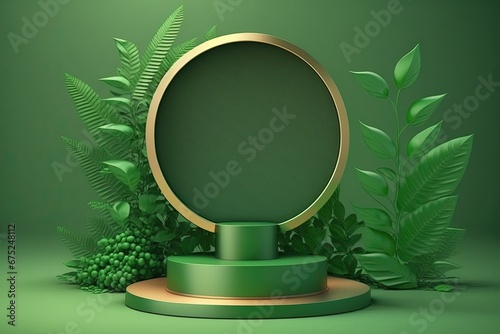 Green podium in tropical forest for product presentation and green wall. AI generated