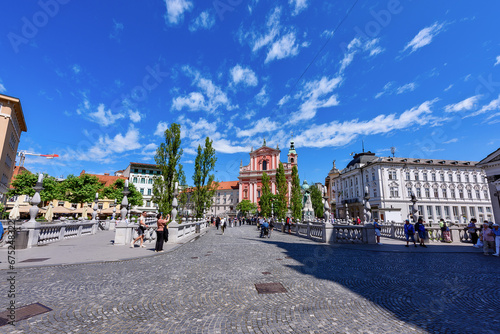 Ljubljana, Slovenia - June 27, 2023: Preseren Square, the central square in Ljubljana, Slovenia  photo