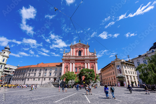 Ljubljana, Slovenia - June 27, 2023: Preseren Square, the central square in Ljubljana, Slovenia  photo