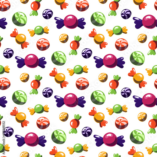 Seamless pattern with multicolored candies in a colored wrapper and striped caramels. Vector cartoon background with sweet Willy Wonka candies. Festive sweets for Halloween, Christmas, New year