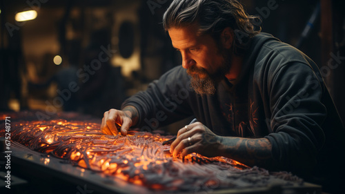 portrait of a male carpenter with a beard working on a table