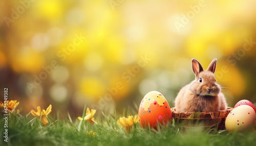 Colourful Happy Easter background with Easter Bunny and painted eggs in front of multicoloured fairy backdrop. © AB-lifepct