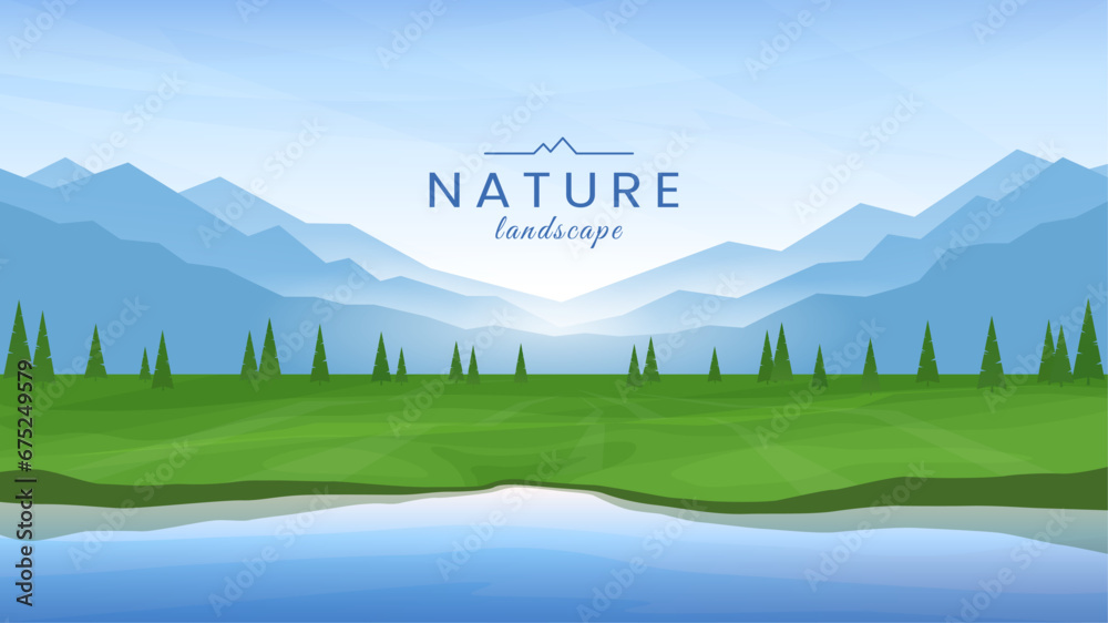 Obraz premium A picturesque rural landscape. River flowing near a green valley, silhouettes of mountains in the background, clear blue sky. Design for background, banner, postcard, invitation, cover.