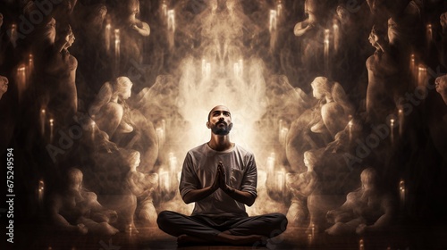 Spiritual Enlightenment: Man Meditating Surrounded by Shining Spirits