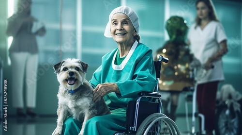Senior Healthcare Companion: Patient with Dog in Wheelchair, Elderly Caucasian Woman Patient Finding Comfort with Her Beloved Dog on Wheelchair