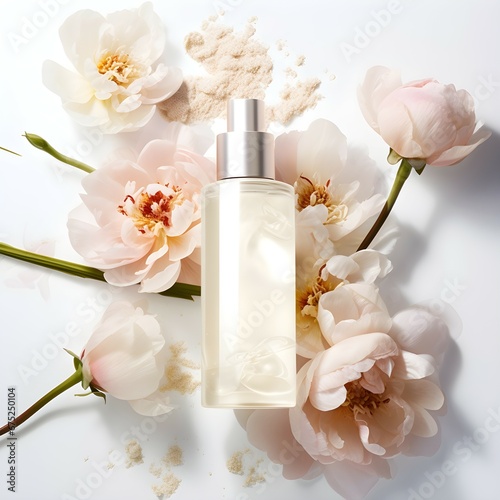 Cosmetic AD bottle mockup isolated with arranged flowers as decoration in the background for product presentation