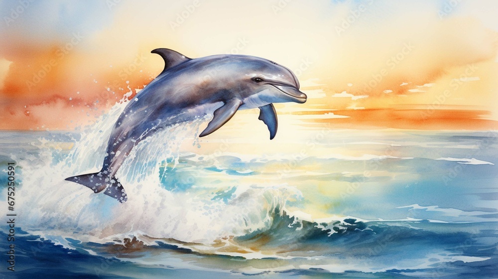 A watercolor painting featuring a youthful dolphin jumping from the sea.
