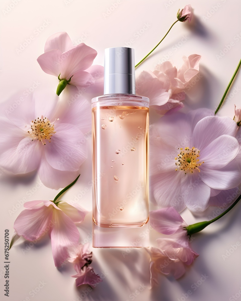 Cosmetic AD bottle mockup isolated with arranged flowers as decoration in the background for product presentation Cosmetic AD bottle mockup isolated with arranged flowers as decoration in the background for product presentation
