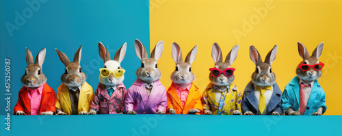 Funny rabbits or bunny in suits and tie, on color backgroud in row. Fancy rabbit banner.