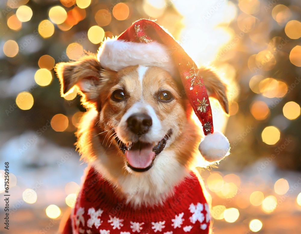 Portrait of a Cute happy smiling dog with red santa hat and christmas sweater in a beautiful christmas background