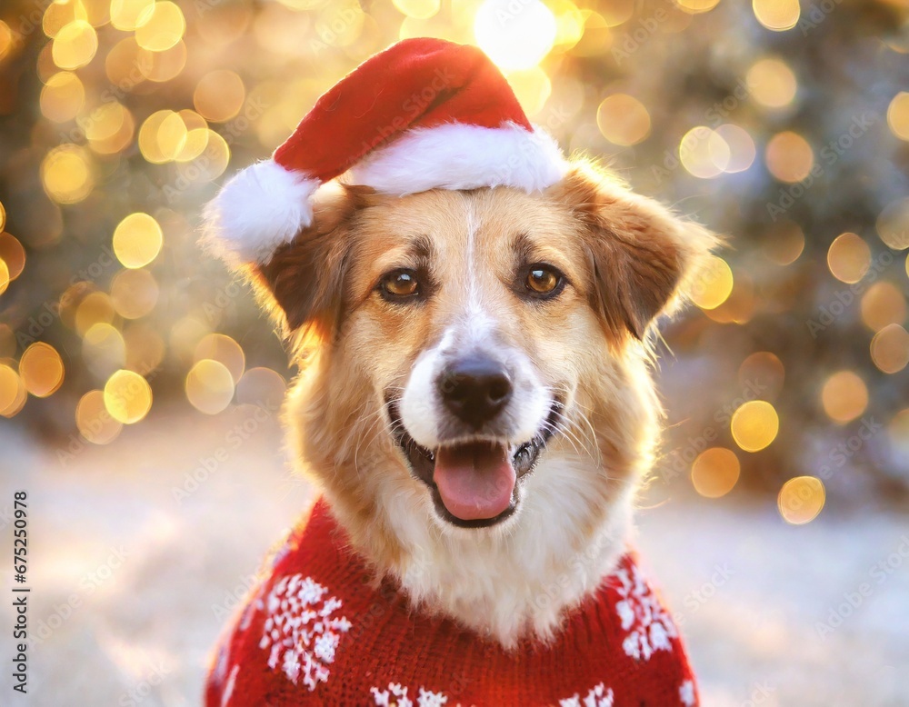 Cute happy smiling dog with red santa hat and christmas sweater in a beautiful christmas background
