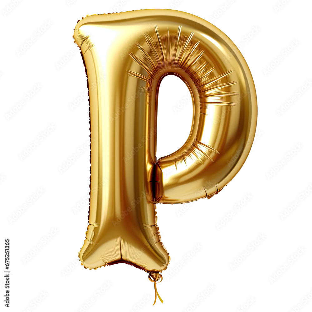 Gold balloon shaped the letter P cut out transparent isolated on white background ,PNG file