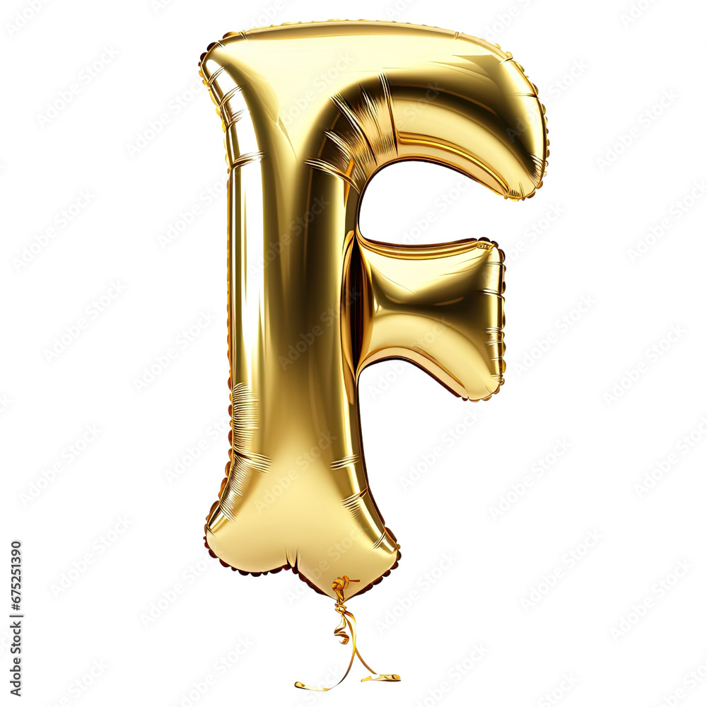 Gold balloon shaped the letter F cut out transparent isolated on white background ,PNG file