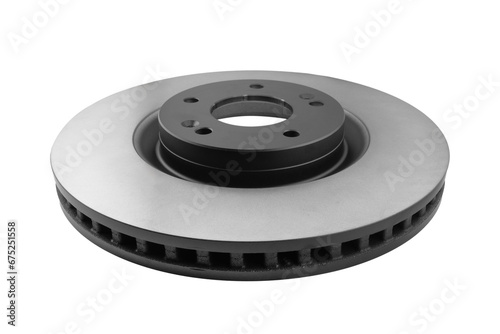 Car brake disc isolated on white background. Auto spare parts. Perforated brake disc rotor isolated on white. Braking ventilated discs. Quality spare parts for car service or maintenance