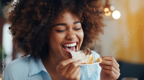 Young beautiful african woman eating a cake with cream closeup photo