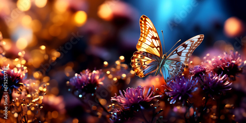 Realistic allium flowers and butterfly with copy space concept