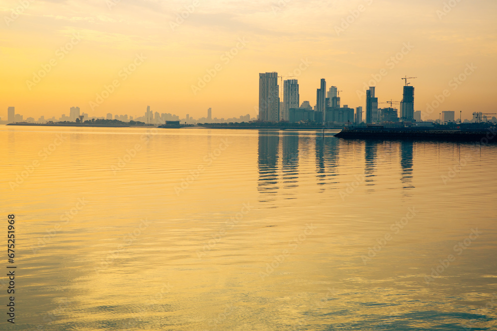 Kuwaits coastline and skyline. Panorama of Kuwait City in the Persian Gulf. The capital of Kuwait. Middle East.