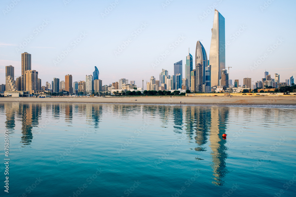 Kuwaits coastline and skyline. Panorama of Kuwait City in the Persian Gulf. The capital of Kuwait. Middle East. - obrazy, fototapety, plakaty 