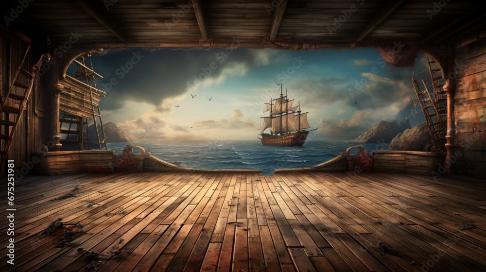 Obraz premium Empty pirate ship deck background for theater stage