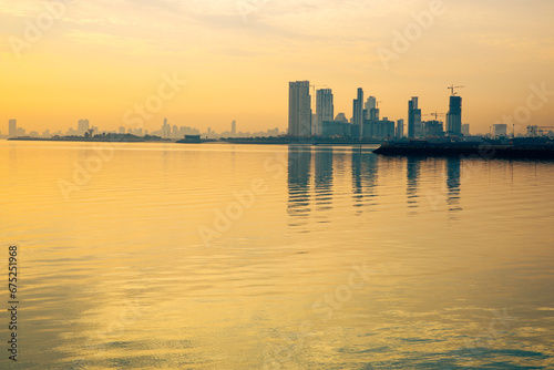 Kuwaits coastline and skyline. Panorama of Kuwait City in the Persian Gulf. The capital of Kuwait. Middle East.