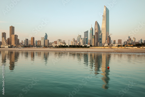 Kuwaits coastline and skyline. Panorama of Kuwait City in the Persian Gulf. The capital of Kuwait. Middle East.
