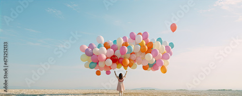 young girl with many color ballons flying over her head. copy space for text. photo