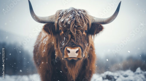 brown cow or yak in snow photo