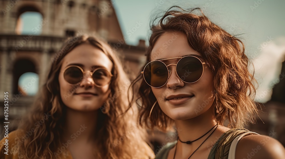 Two young Caucasian sisters, happy on summer vacation. AI Generated. Two young Caucasian sisters, happy on summer vacation. AI Generated.