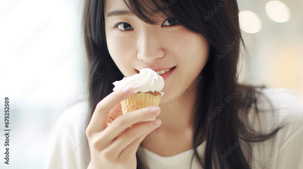 Young beautiful asian woman eating a cake with cream closeup Young beautiful asian woman eating a cake with cream closeup