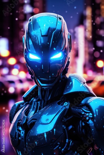 Close-up of a robot's head with blue glowing eyes and sleek black armor in a vibrant neon-lit setting