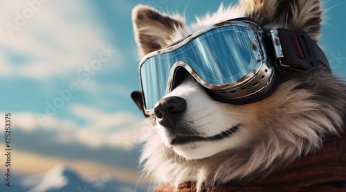 Amidst the vibrant sky and fluffy clouds, a fearless dog of a rare breed dons his stylish goggles, ready to conquer the great outdoors with his trusty sunglasses © mockupzord