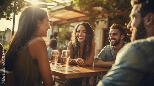 Group of friends laughing and enjoying dinner at outdoor restaurant during summer