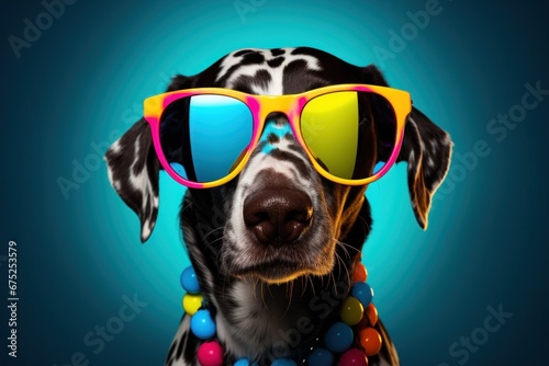 A trendy pup struts its stuff in a vibrant pair of sunglasses, exuding confidence and playfulness while showcasing its unique breed © mockupzord