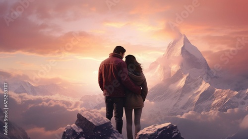 Happy friends embracing against snow capped mountains